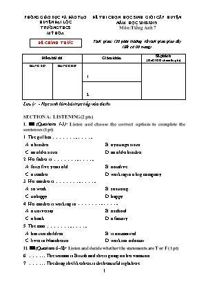 Đề thi chọn học sinh giỏi cấp huyện môn Tiếng Anh Lớp 7 - Năm học 2018-2019 - Trường THCS Mỹ Hòa